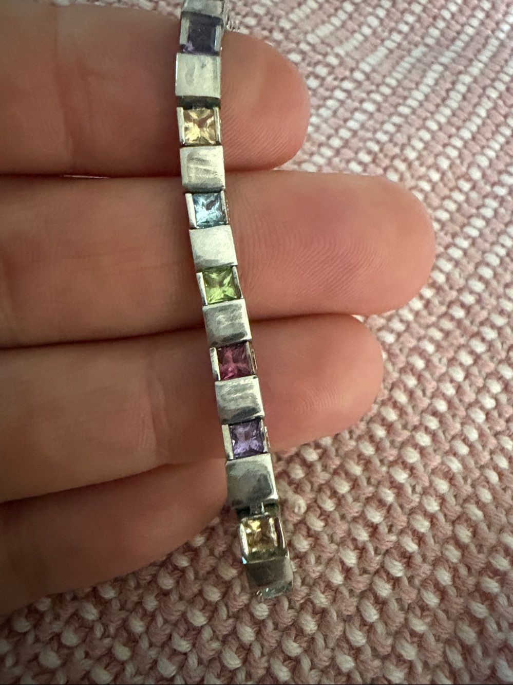 925 DBJ stamped, tennis bracelet with multi colored square stones